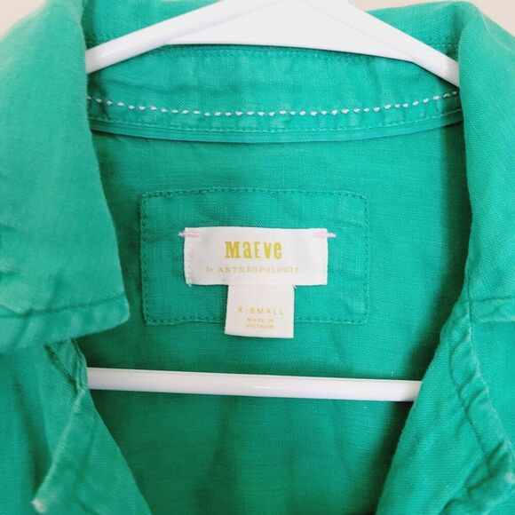 Anthropologie Maeve Linen Women Shirt Size Xs Green Ruched Sleeve Button Beachy - Picture 2 of 7